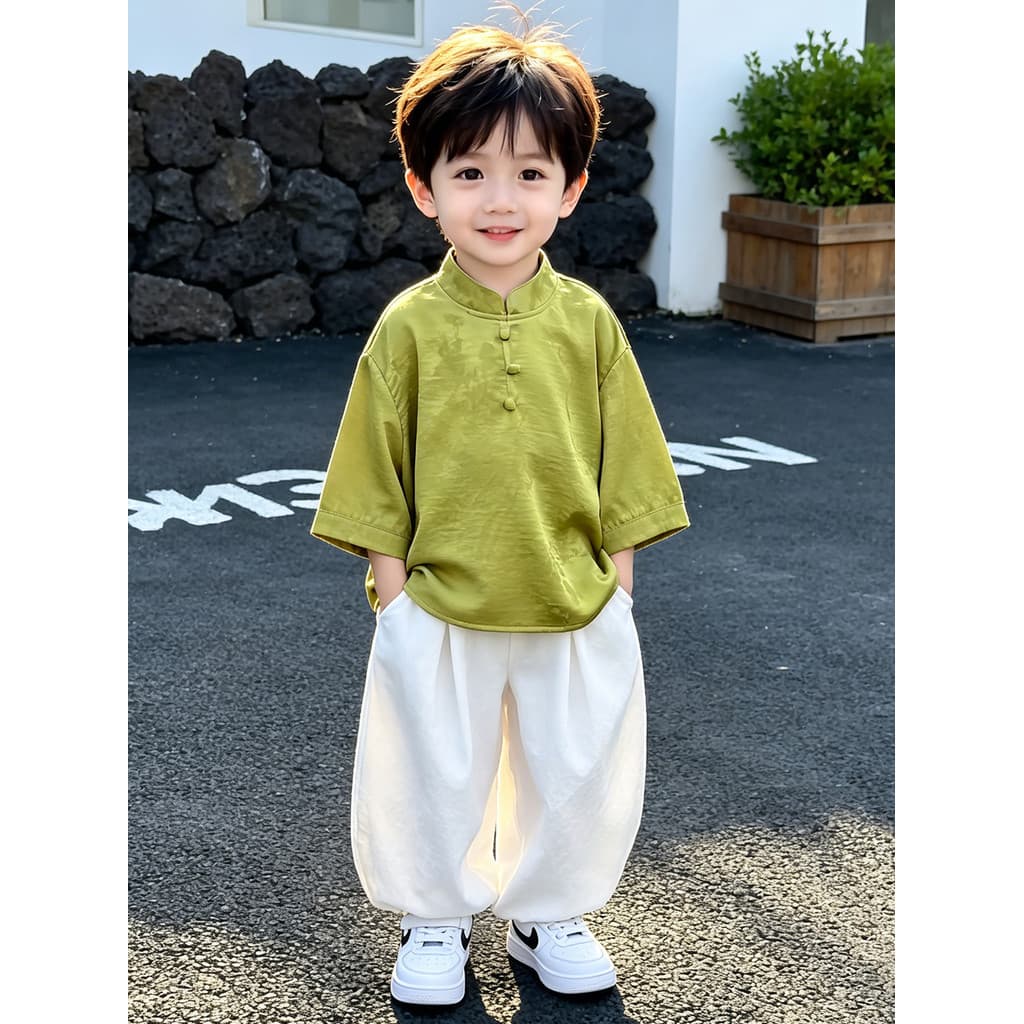 Meninos verão Hanfu 2026 novo estilo crianças novo estilo chinês de manga curta bonito pequeno mestre Tang terno roupas