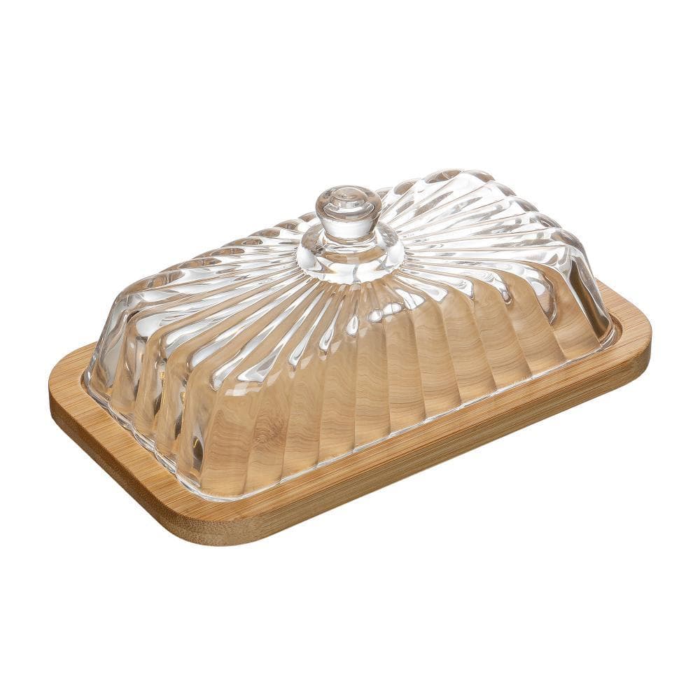 Manteigueira com Base de Bambu Striata 18cm x 10,5cm x 7,5cm