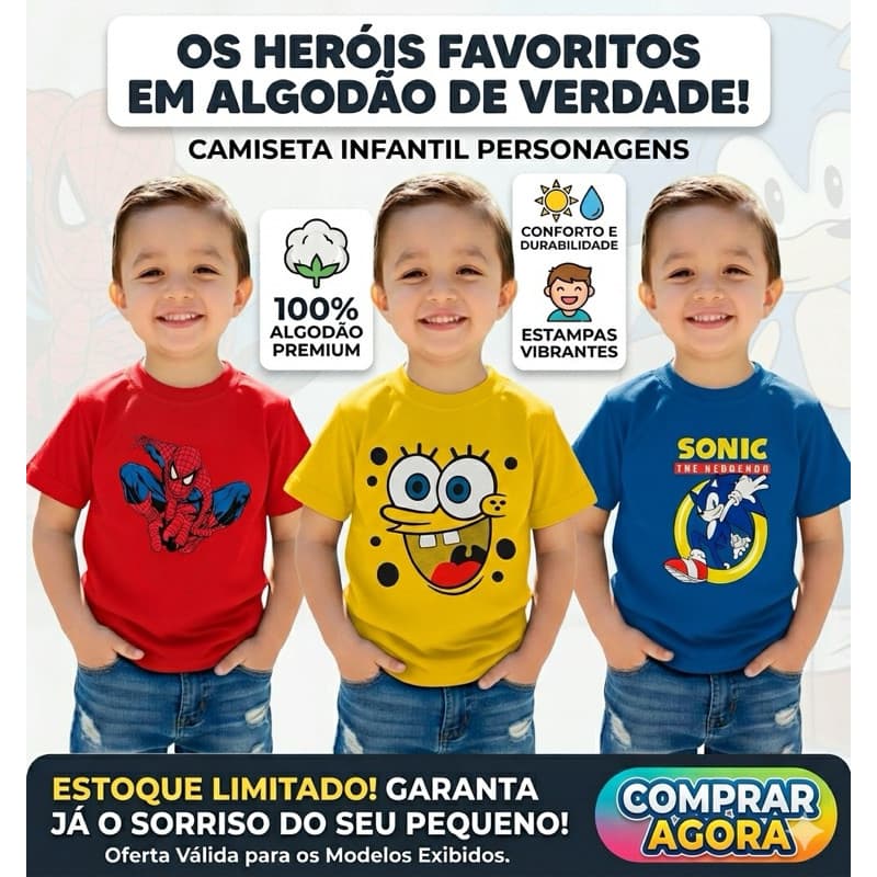 Camiseta Masculina Infantil Personagem Super Heróis Manga Curta 100% Algodão