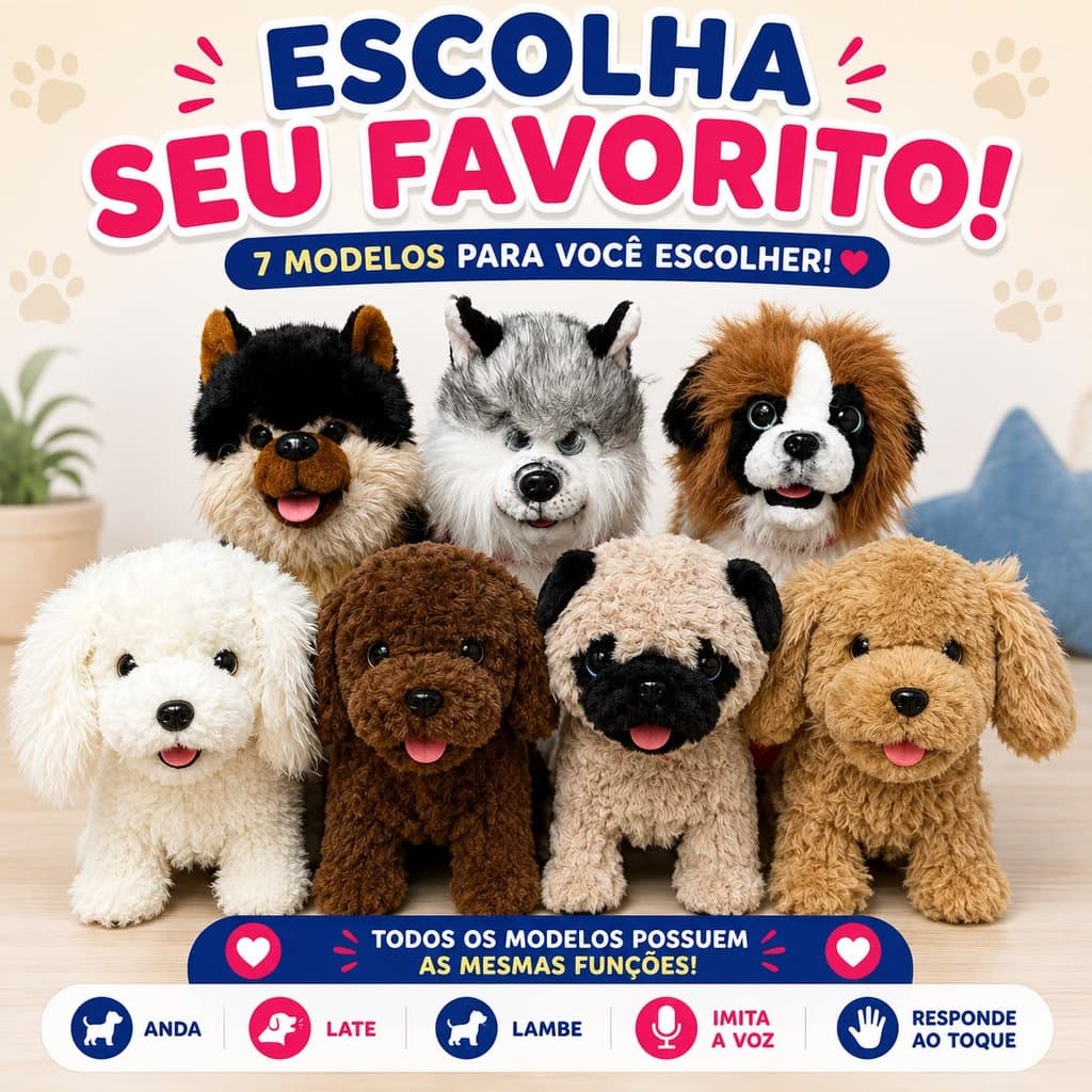 Cachorro Pelucia Realista Toto Interativo Eletrico Reproduz Musica Lambe Fala Anda Criança Pilha