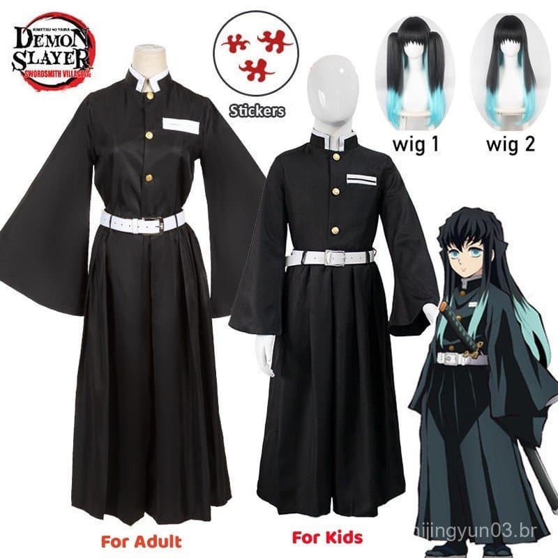 Fantasia de Cosplay Muichiro Tokito, Peruca, Uniforme do Hashira da Névoa Demoníaca de Demon Slayer, Adesivos de Anime K