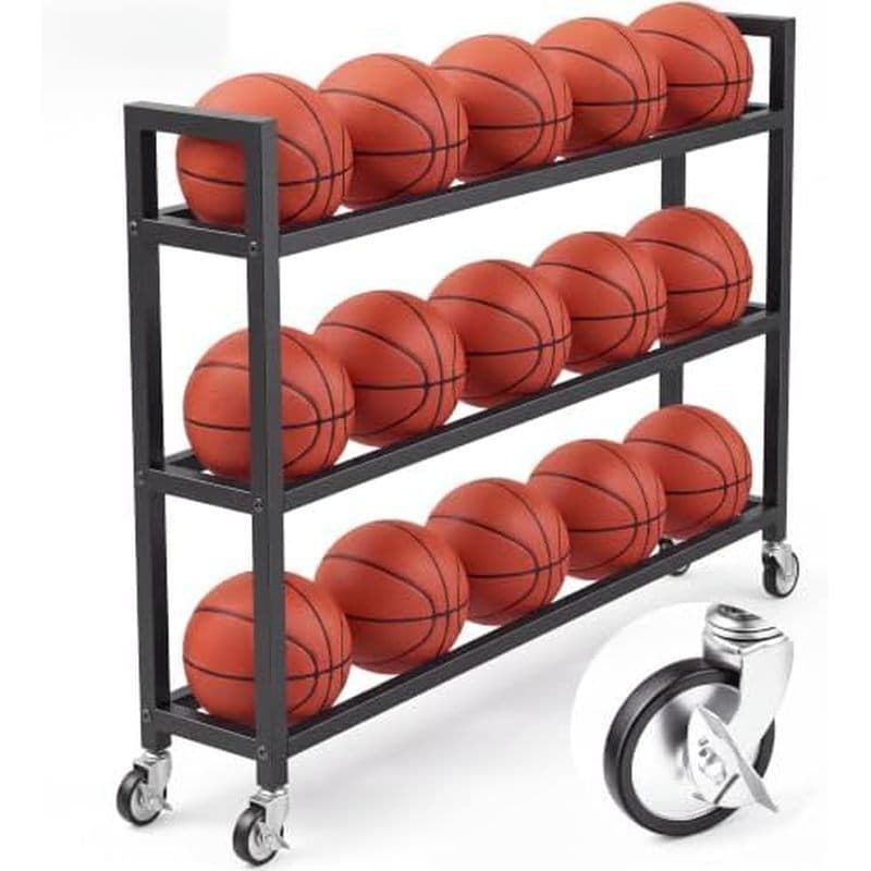 Cesta de basquete Colingmill de 3 camadas e 15 bolas com rodas, 15 bolas | Carrinho de bola para treinamento físico, arm