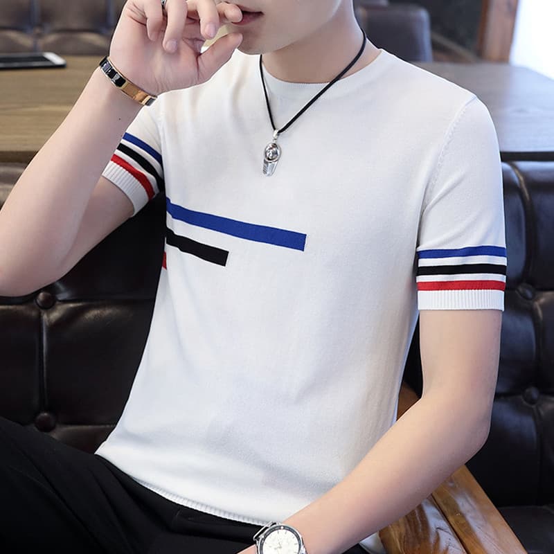 Camiseta de manga curta masculina verão gelo seda malhas juventude fino listrado roupas superiores versão coreana na mod