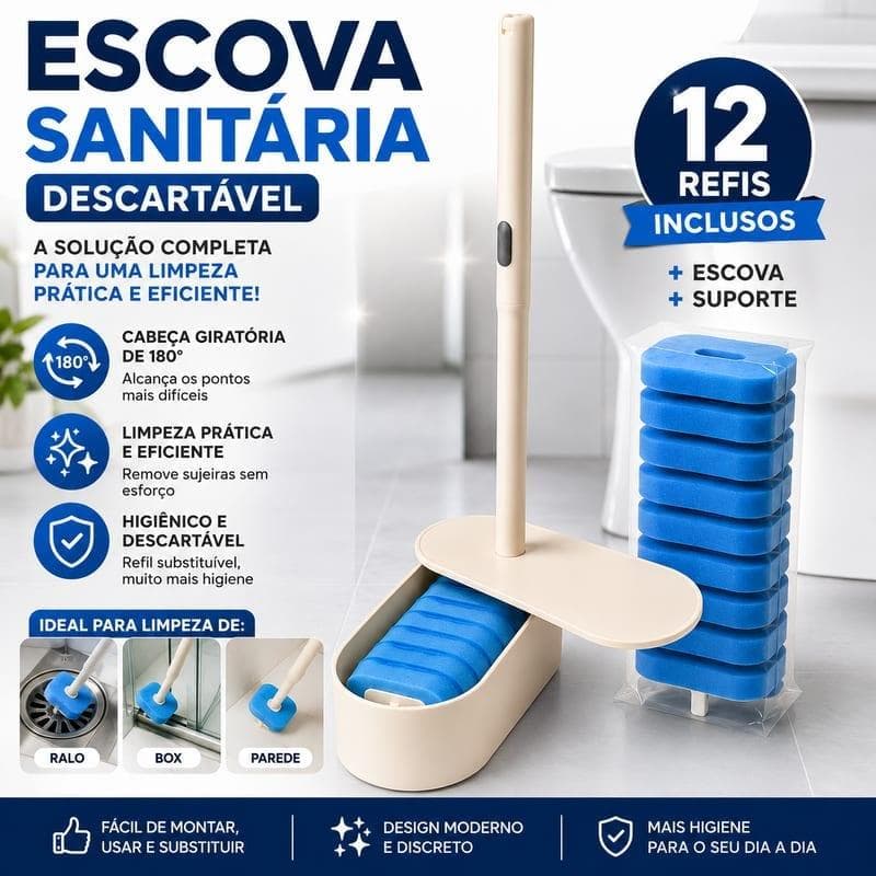 Escova Sanitária Descartável com Cabo e Suporte com 12 Refis - Cabeça Articulada 180°