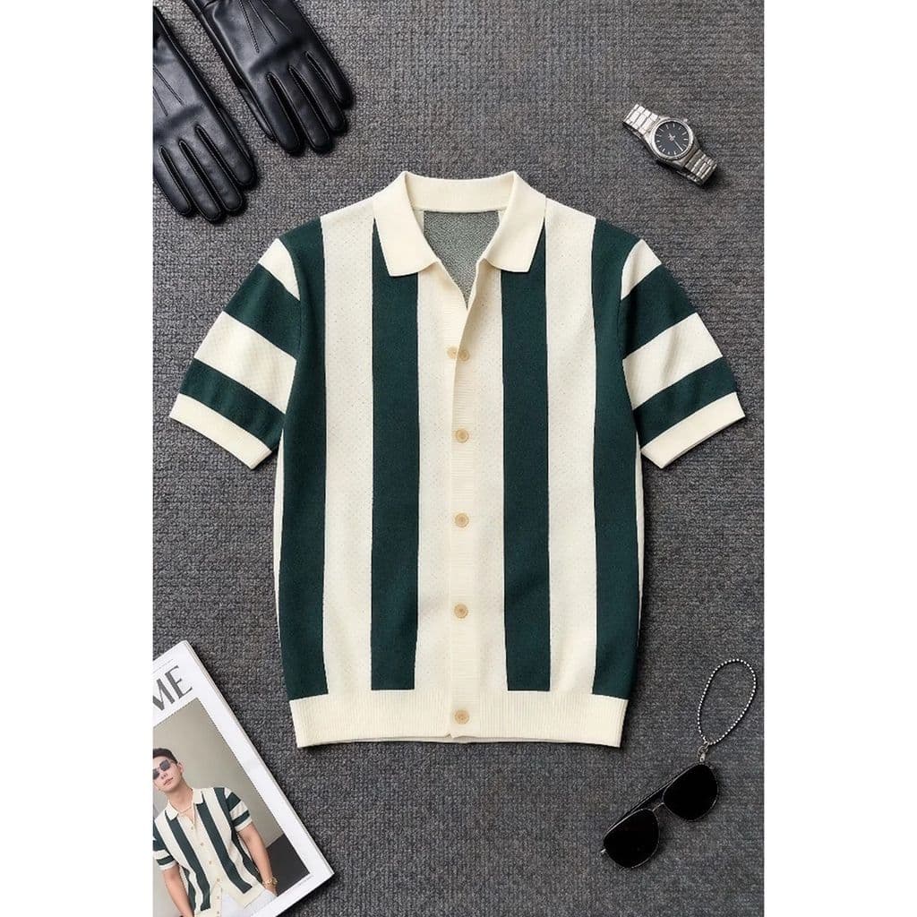 Estilo Retro cardigan De Malha De Manga Curta Masculina Verão Fino Oco Respirável Camisa polo Lapela Topo