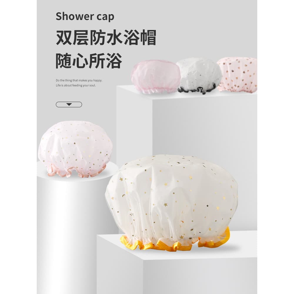 Touca de banho de camada dupla à prova d'água, arnês de banho para mulheres, touca de banho de verão, capa de cabelo inf
