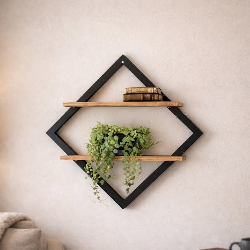 Quadro Prateleira Industrial Losango de 2 Madeiras MDF CRU Parede em Ferro Preto com Modelo Nicho