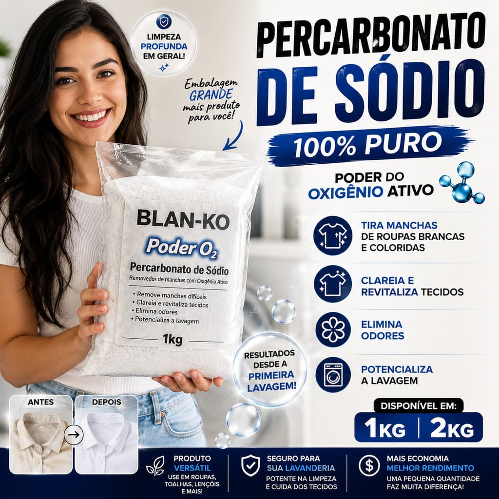 Percarbonato de Sódio BLAN-KO 100% Puro Tira Manchas Roupas Brancas Coloridas Limpeza 1kg 2kg