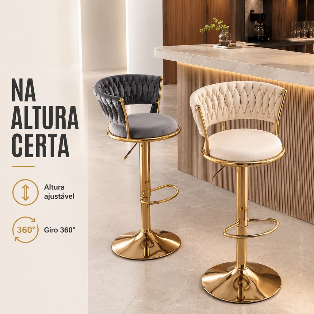 Banqueta Alta para Quarto Closet, Veludo Ajustável Altura, Rotação 360°