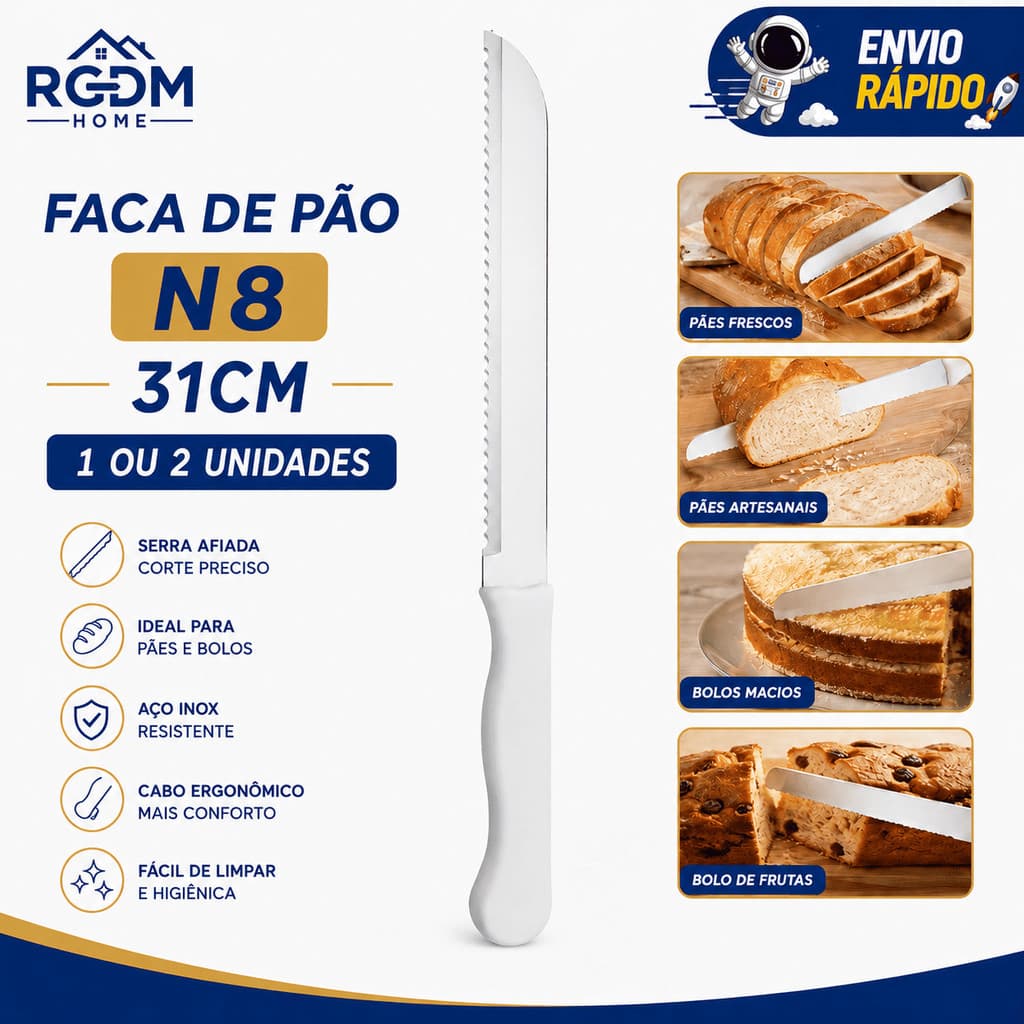 Faca para Pão Nº 8 Profissional Aço Inox cabo de Plástico 1/2 Unidades