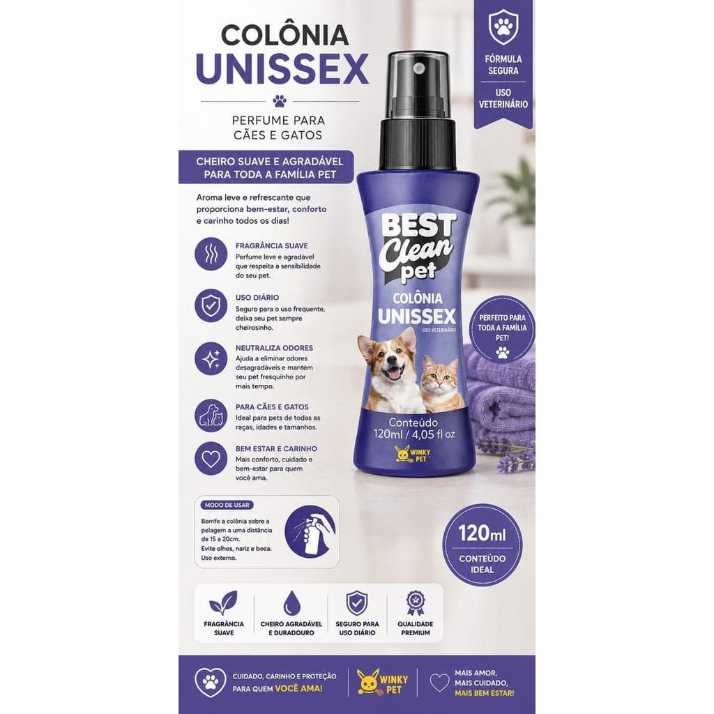 Colônia Pet Unissex Best Clean 120ml - Perfume Suave para Cães e Gatos, Spray Prático