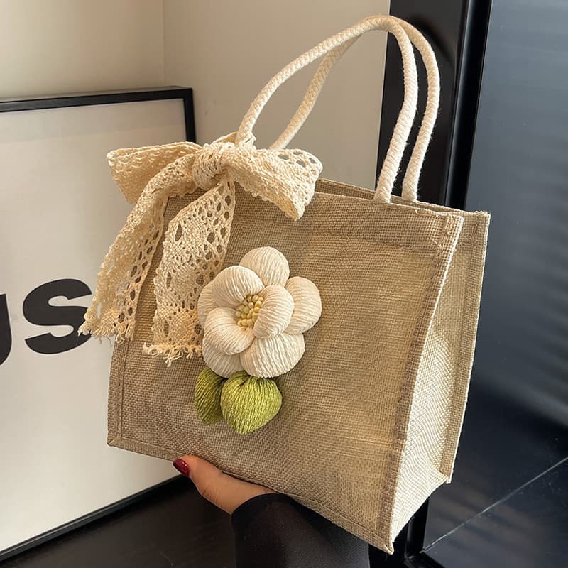 Bolsa pequena de trabalho de linho, sacola leve para viagem, sacola de compras portátil, bolsa de ombro, lancheira