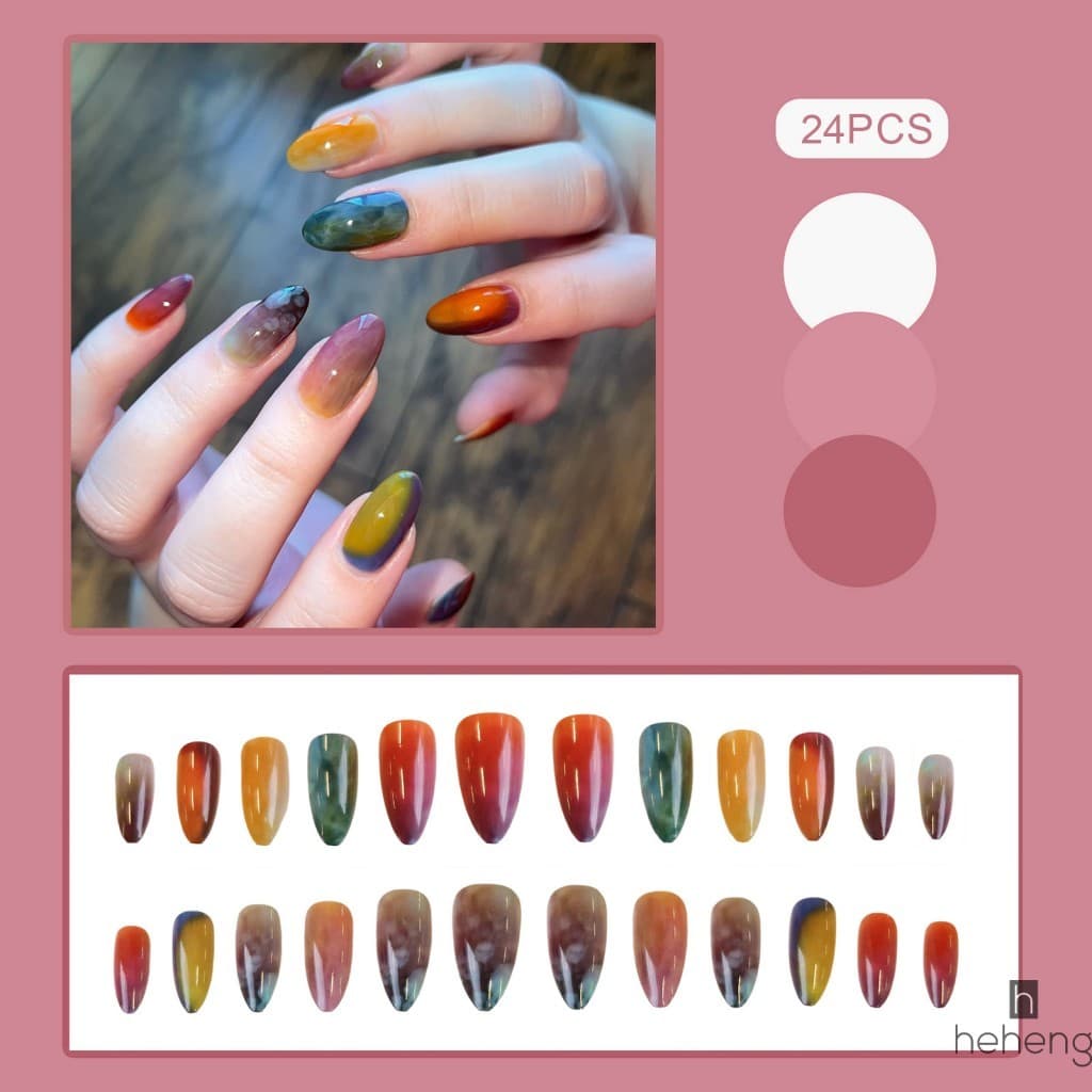 Forma De Amêndoa Gradiente Multicolorido Pintura A Óleo Unhas Falsas 24 Peças Material De Resina Suave Resistente Ao Des