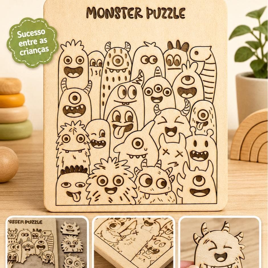 Quebra-Cabeça Infantil de Madeira Monster Puzzle | Brinquedo Educativo de Encaixe e Raciocínio