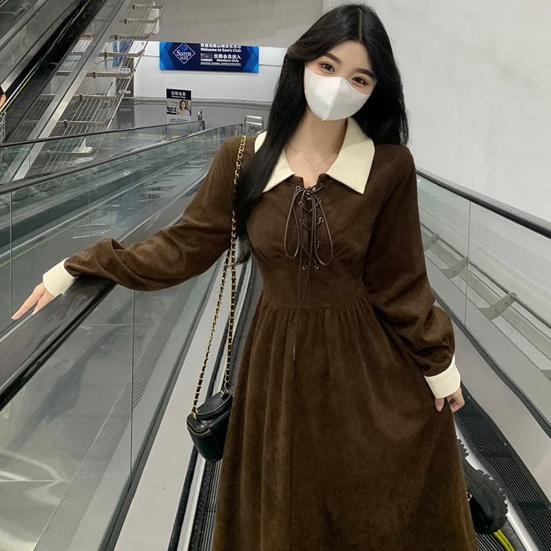 Novo estilo Plus Size roupas femininas chique Retro contraste cor veludo cintura estreita mais magro olhar outono invern