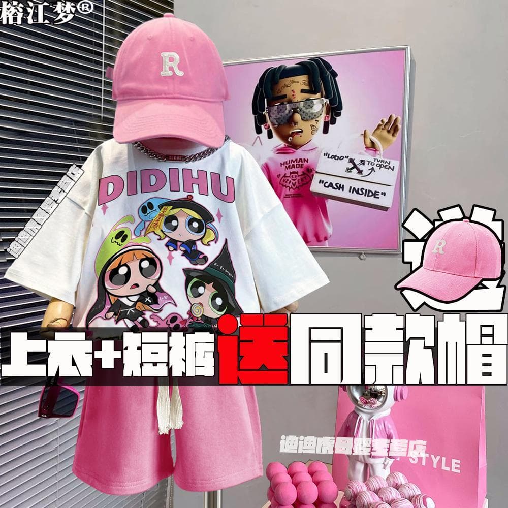 Powerpuff meninas terno de três peças crianças meninas terno esportivo terno novo estilo camiseta verão puro algodão de