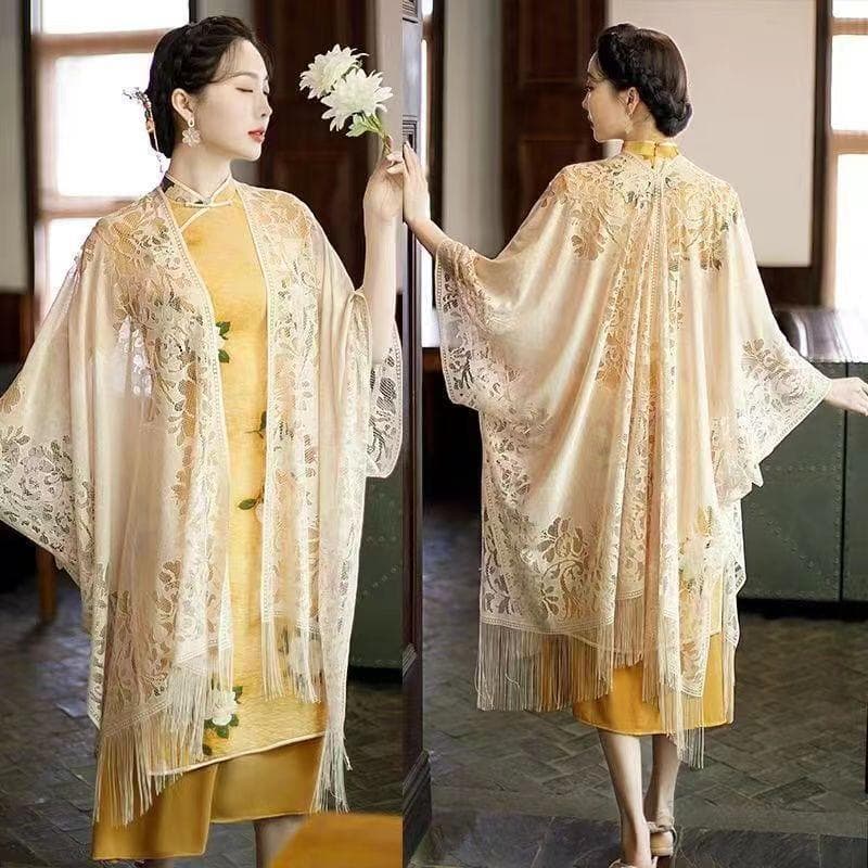 Verão estilo fino protetor solar renda oco xale exterior Jacquard lenço de seda estilo étnico borla feminino Cheongsam e
