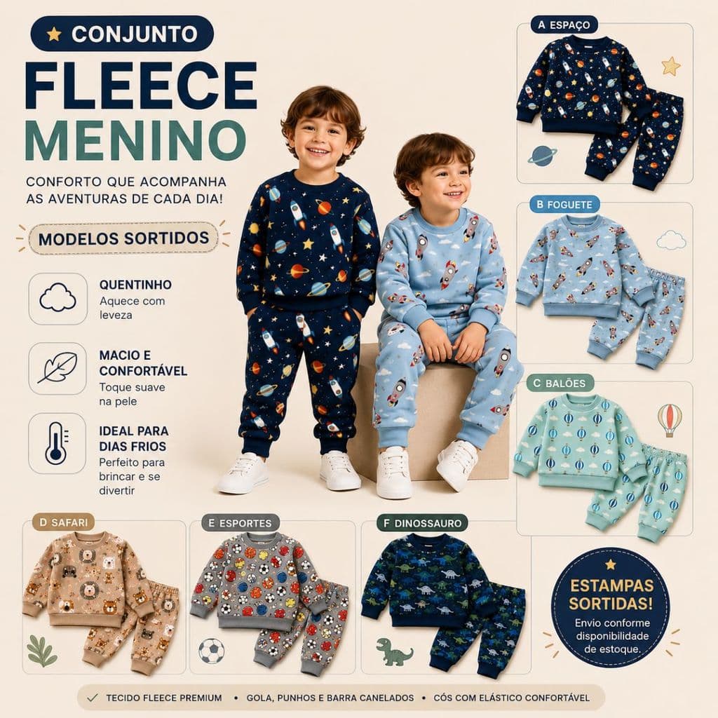 Conjunto Infantil Menino Fleece 100% Poliéster Roupa Quentinha Para Dias Frios E Inverno