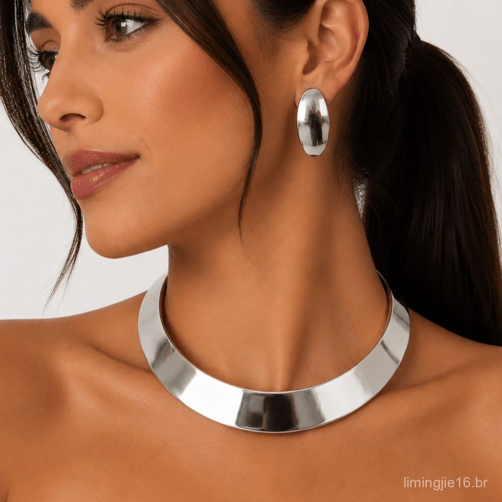 Conjunto Colar Choker Aro e Brinco Minimalista Feminino Dourado Prata Elegante