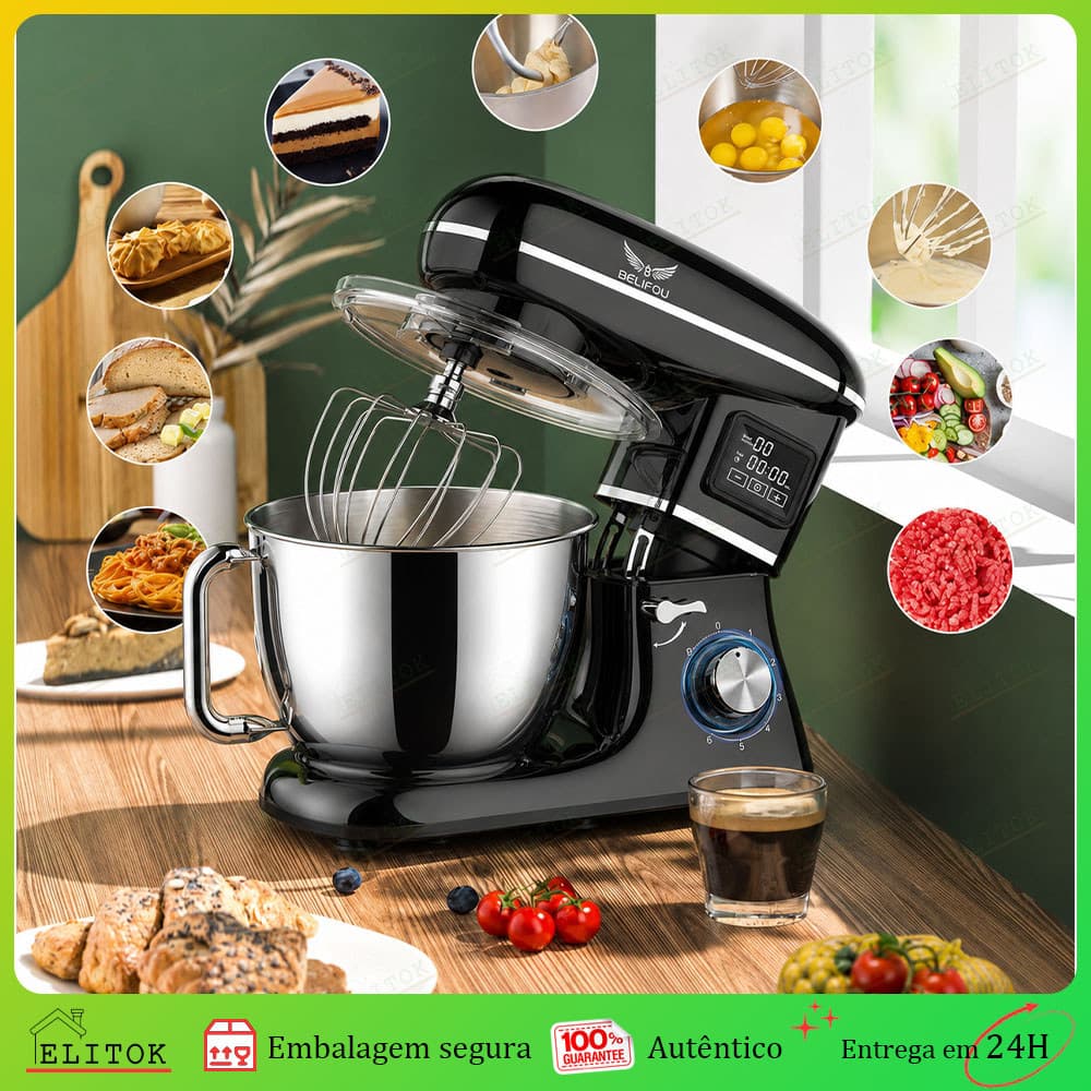 Batedeira Planetária 1900W 6,2L  6 Velocidades Com Display LED E Timer, Tigela Inox, Gancho Para Massa