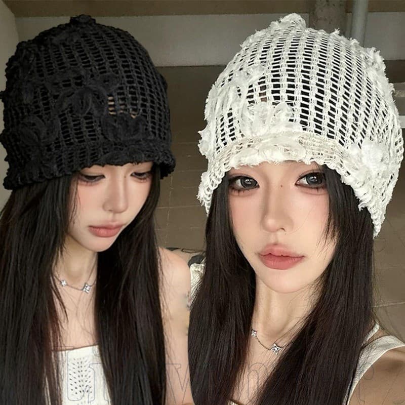 1-2 Peças Chapéus De Malha Bordados De Flores 3D – Moda , Doce , Y2K Chapéu Pulôver De Cor Sólida Gorro Vazado Para Mulh