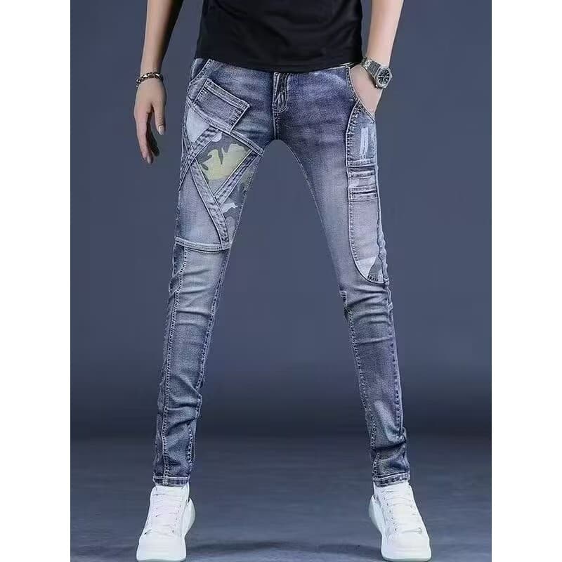 Jeans de motocicleta americana remendos masculinos All-Match rufião bonito fino ajuste reto pés pequenos St