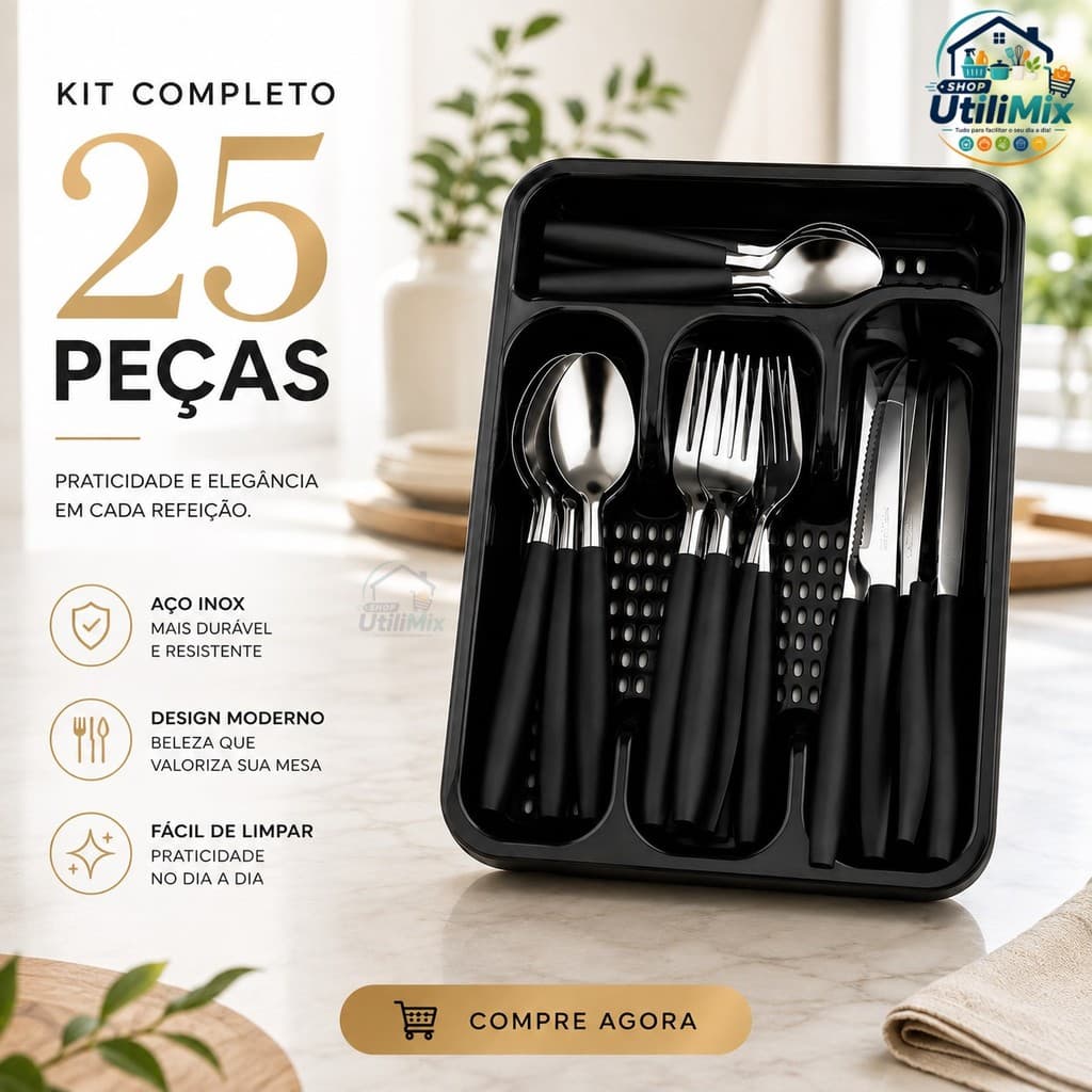 Kit Faqueiro 25 Peças com Organizador de Gaveta Talheres Inox Cabo Preto