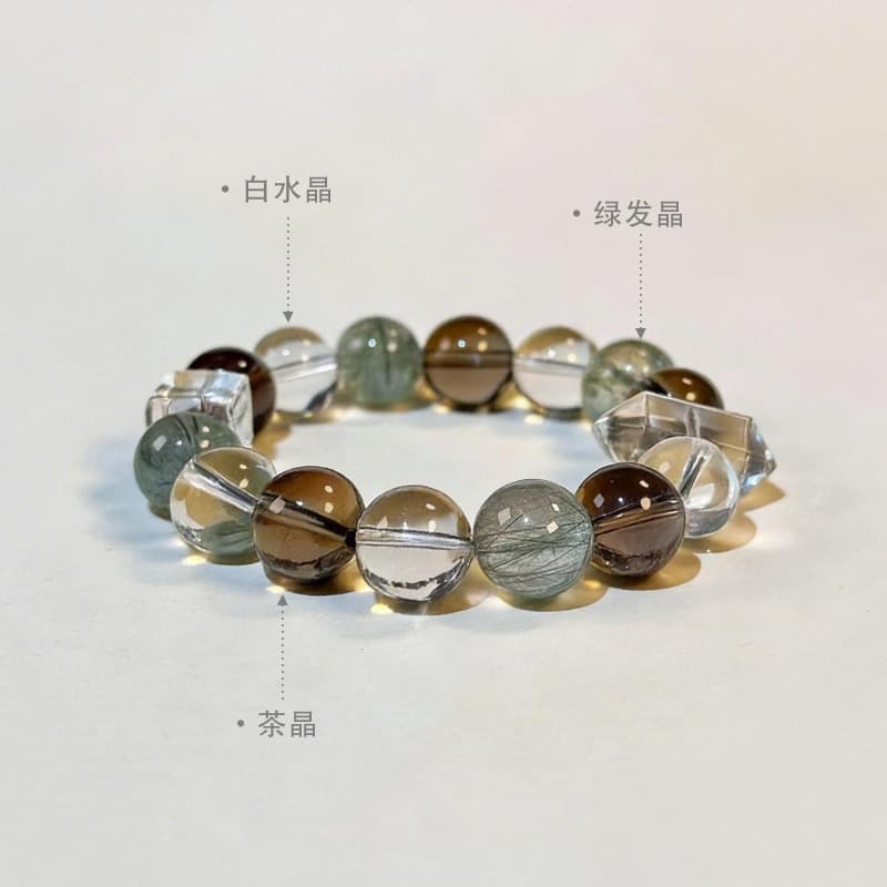 Pulseira de cristal natural com quartzo rutilado verde, citrino e contas de cristal branco, design simples, versátil e t