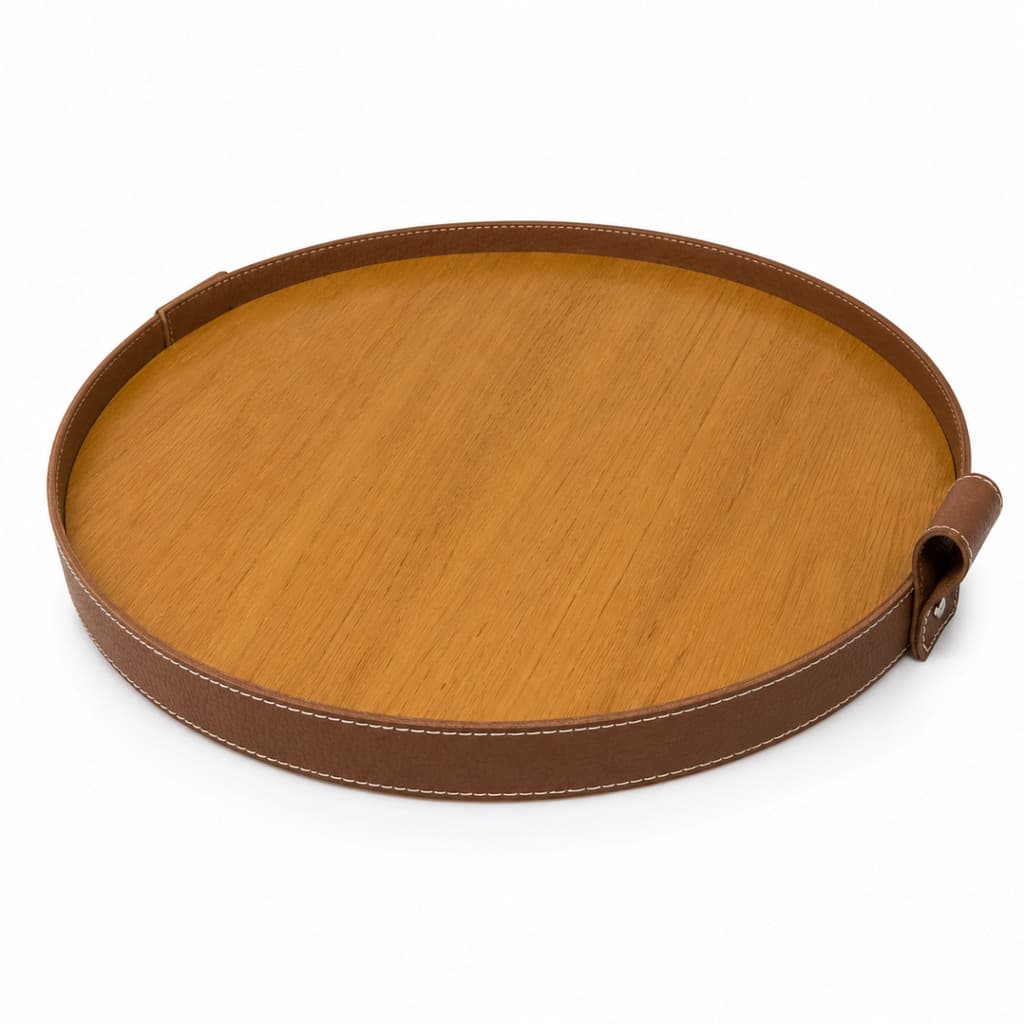 Bandeja Porta Objeto Decorativo Redonda Com Couro Freijó