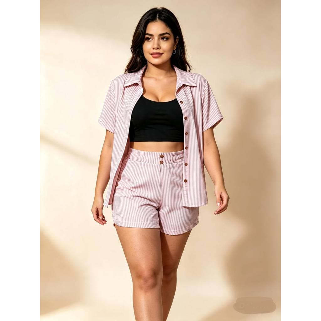 Conjunto Feminina Listrada 2 peças Camisa manga curta/ Short com etastico e bolsos. Tecido DUNA
