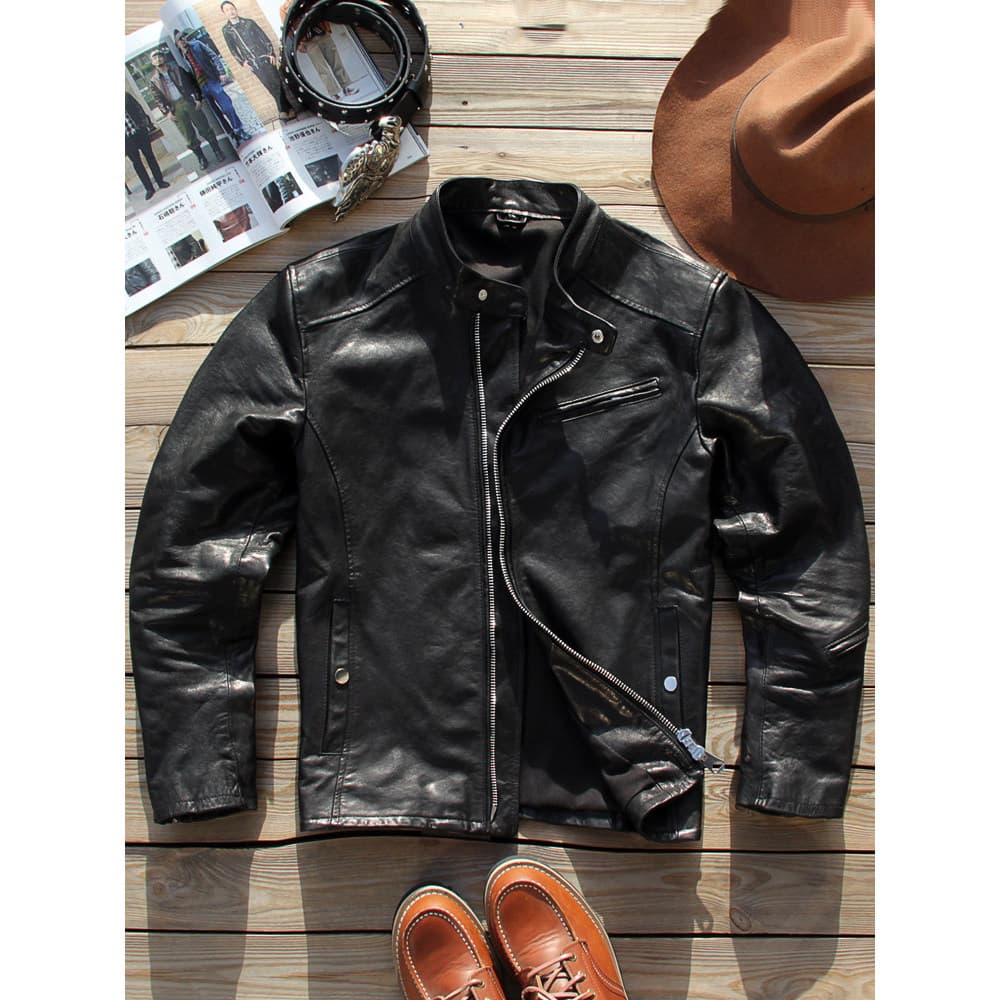 Primavera outono nova jaqueta de couro genuíno dos homens motocicleta gola alta jaqueta de couro masculino curto Casual