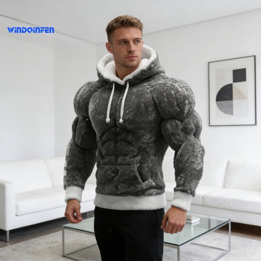 Moletom Masculino Solto com Capuz, Estampa 3D Realista de Músculos, Jaqueta Quente e Felpuda para Festa e Streetwear, Ta