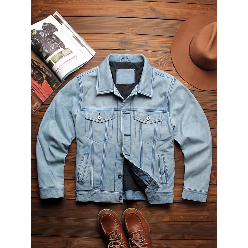 Masculino F primeira camada de couro clássico lavagem pesada angustiado 507 Workwear Denim couro puro cinza azul Retro m