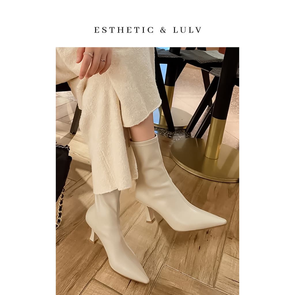 Botas curtas brancas de salto alto femininas de salto alto 2025 outono inverno novo estilo estilo francês zíper traseiro