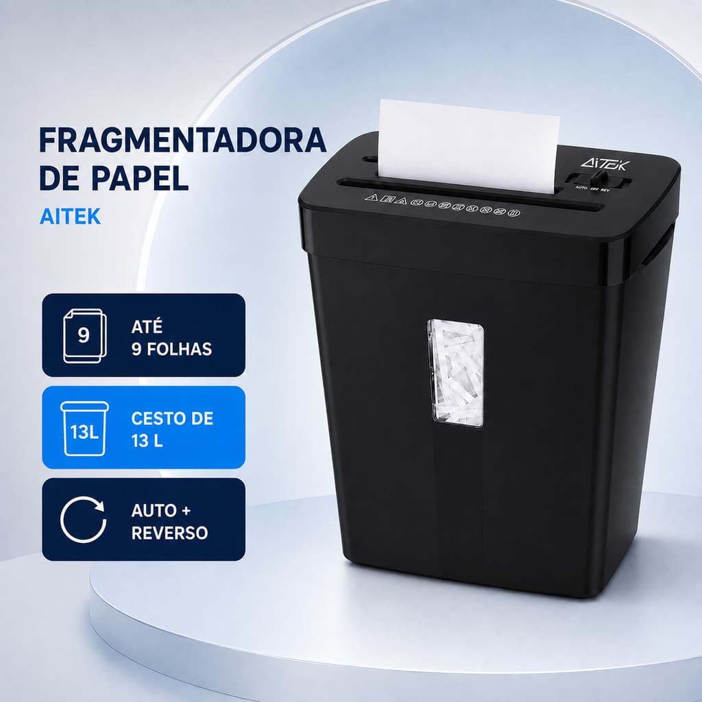 Fragmentadora de Papel Aitek até 9 Folhas com Cesto 13L Automática e Função Reverso 127V ou 220V