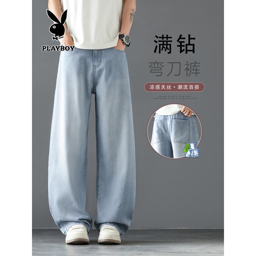 Playboy Tencel Jeans masculino verão fino estilo americano Street Wear Machete calças de perna larga soltas calças compr