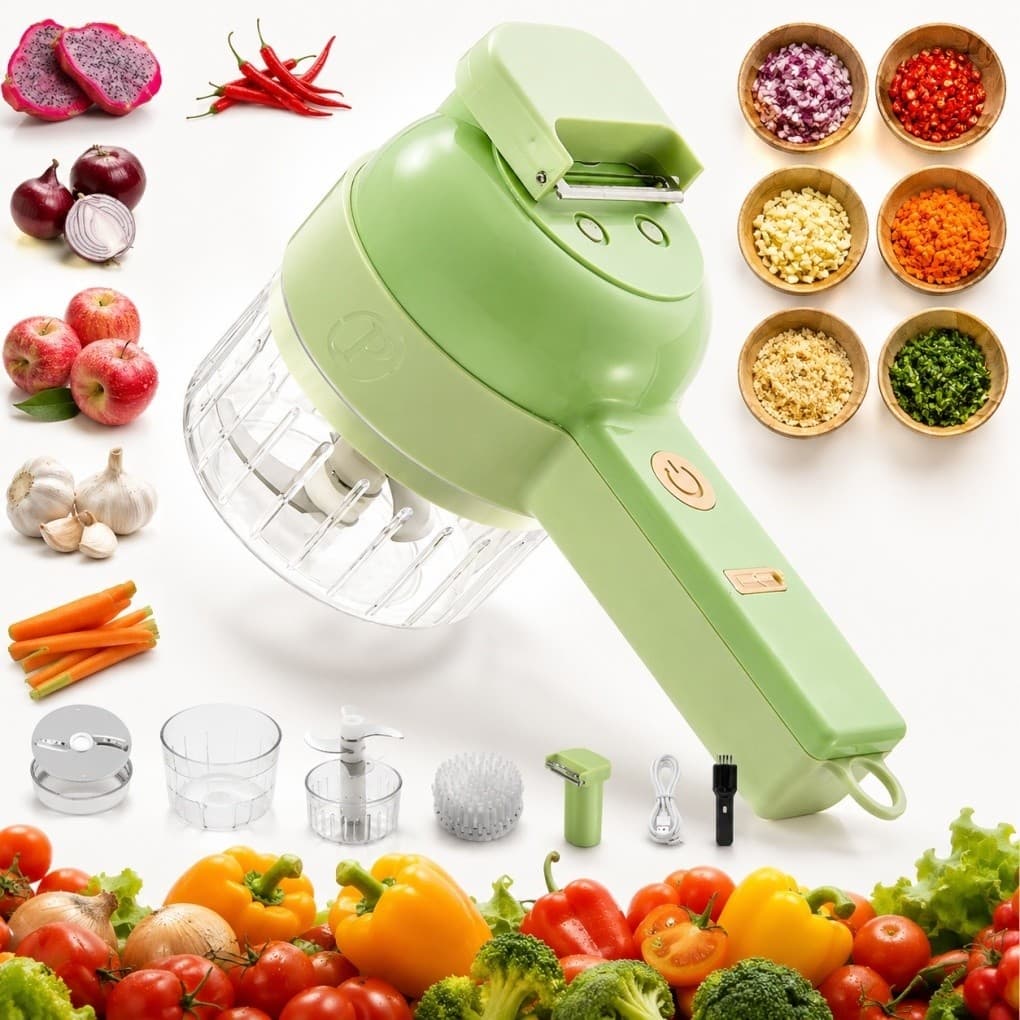 Mini Processador Elétrico 4 em 1 | Triturador de Alimentos Recarregável USB | Cortador de Legumes, Cebola e Temperos
