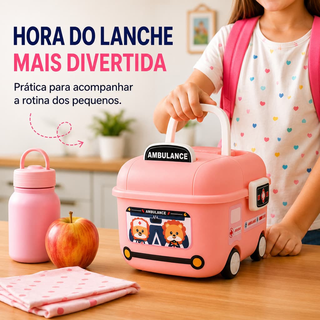 Caixa Organizadora Lancheira Infantil Brinquedo Carro Rodinha Bombeiro Policia Ambulancia Food Truck