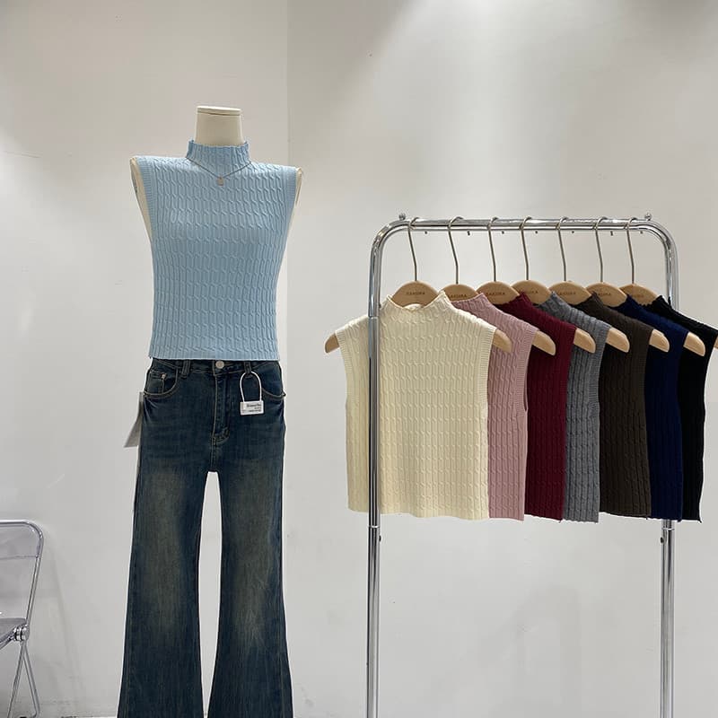 Meia gola alta texturizada sem mangas cor sólida colete feminino 2024 outono novo estilo exterior Wear fino-ajuste colet