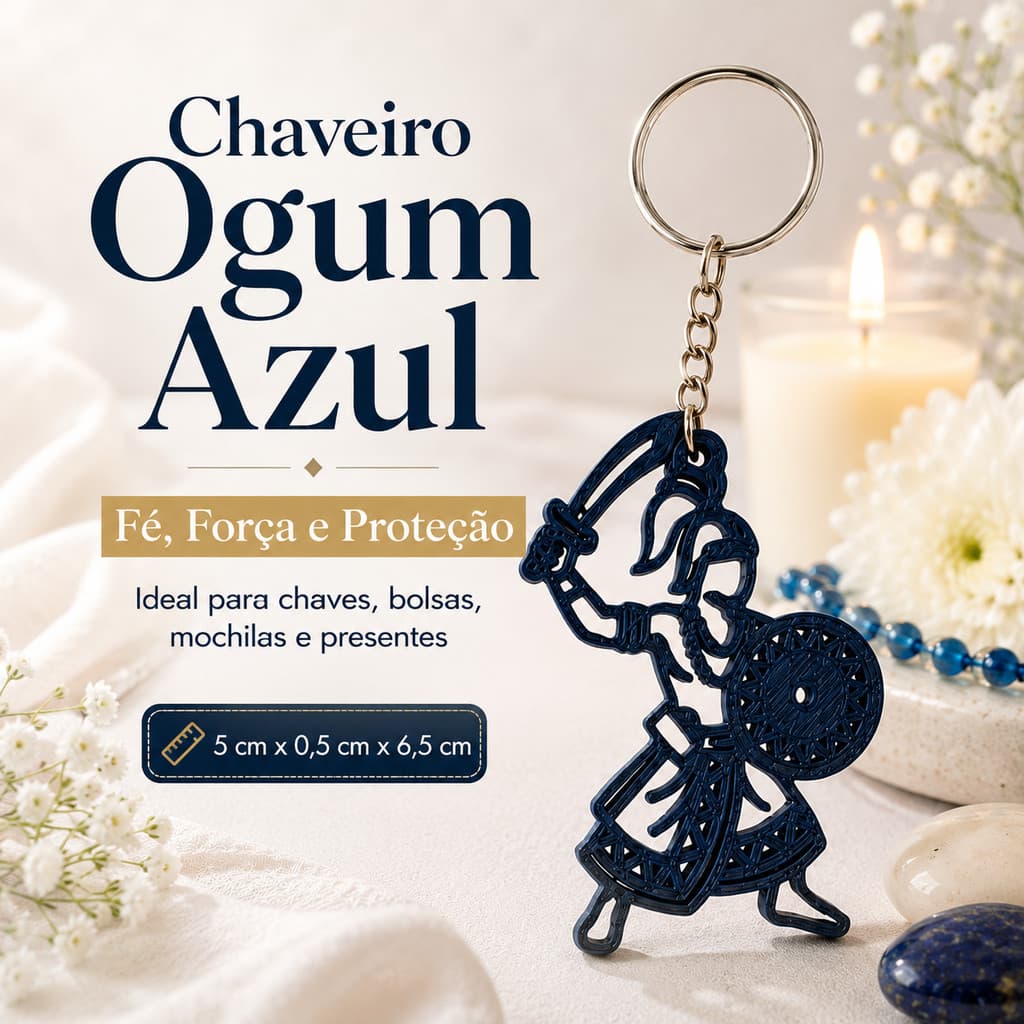 Chaveiro Ogum Azul Religioso – Espada e Escudo | Fé, Força e Proteção | Umbanda e Candomblé