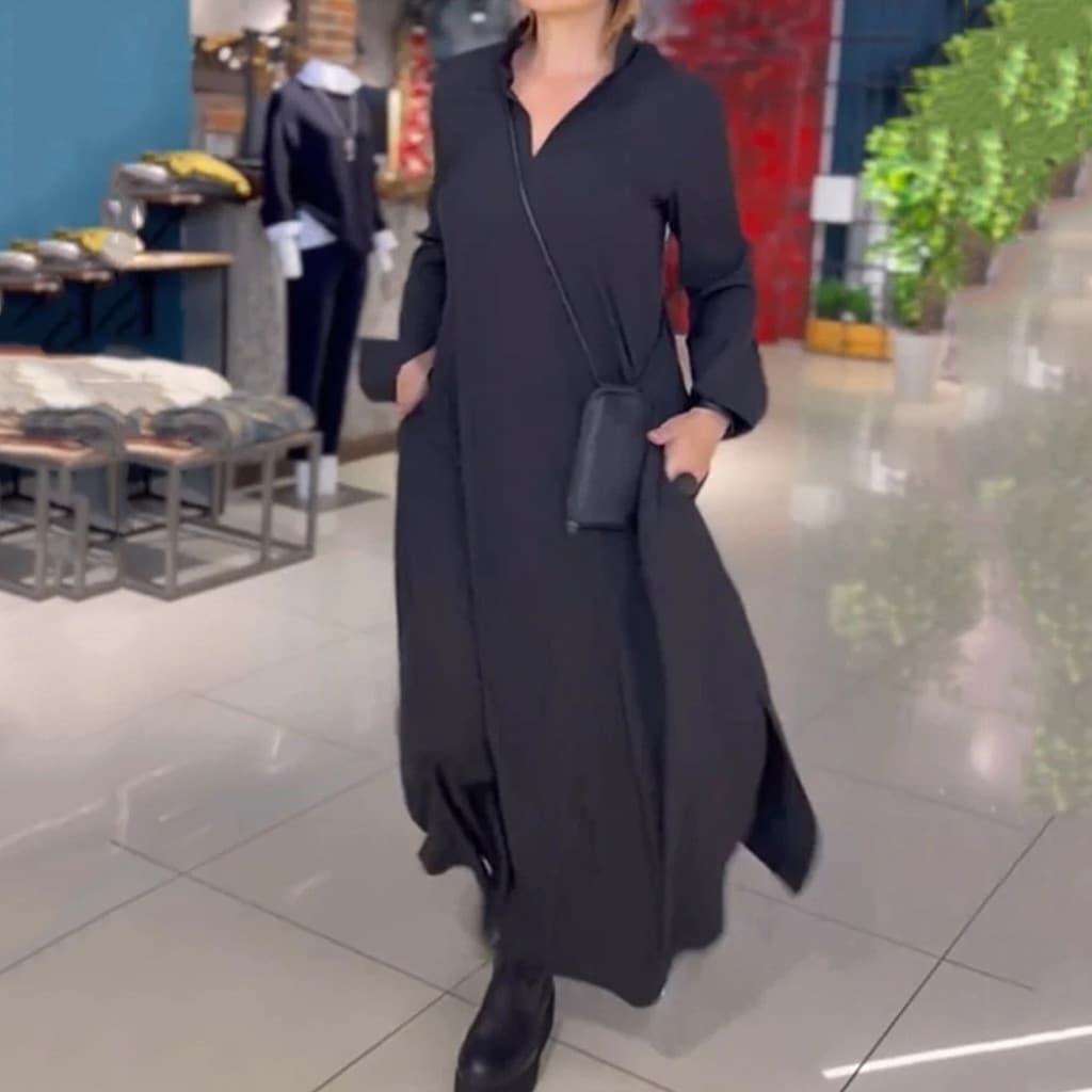 2026 Cross-Border outono inverno novo estilo Casual solto cor sólida com decote em V pulôver vestido de manga comprida f