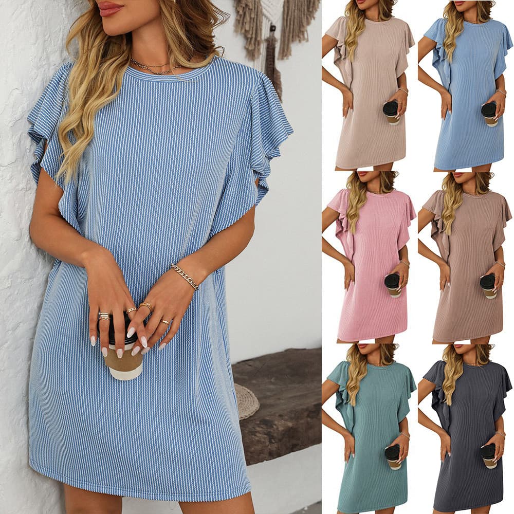 2026 verão novo estilo feminino Cross-Border contraste cor torcido plissado manga vestido de comprimento médio