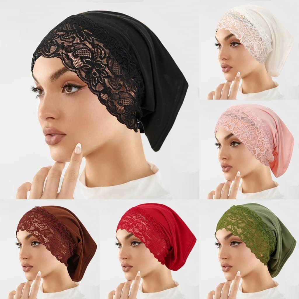 Novo chapéu feminino com lenço, chapéu simples de cor sólida com acabamento em renda.