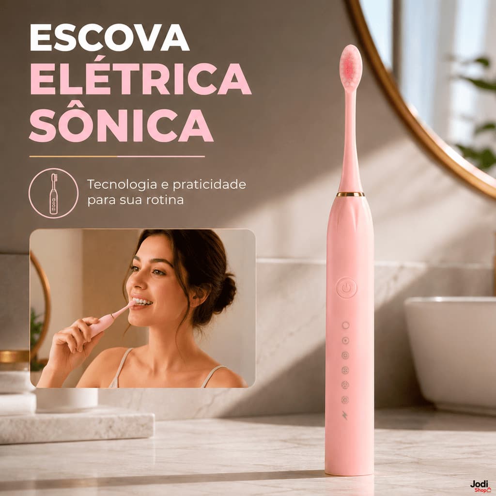 Escova de Dentes Elétrica Recarregável Sônica IPX7 5 Modos com 3 Cabeças Extras e USB