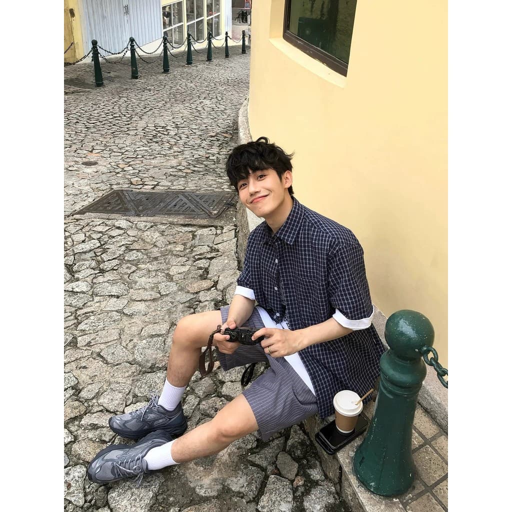 Japonês Retro xadrez Seersucker camisa de manga curta das mulheres dos homens verão estilo dinheiro antigo textura solta