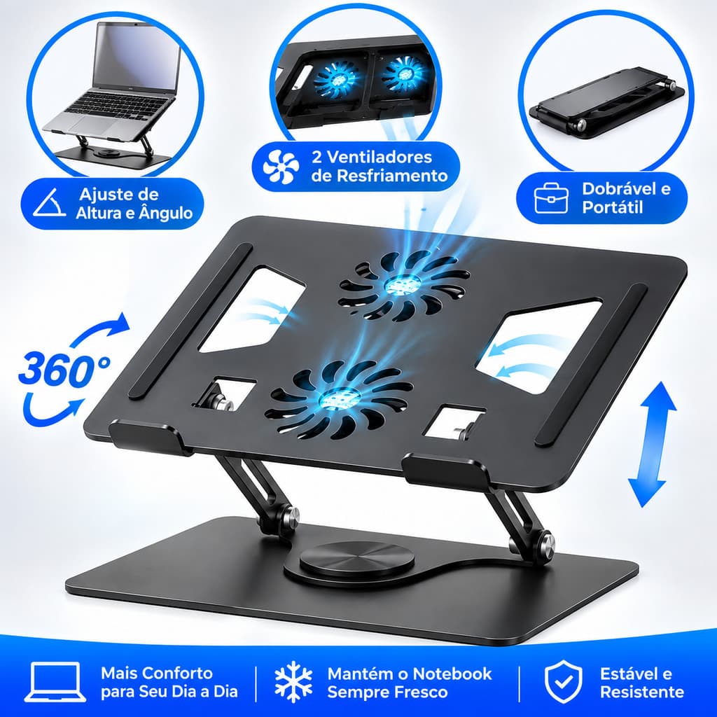 Suporte para Notebook Portátil Ajustável 360° com 2 Ventiladores Base MacBook