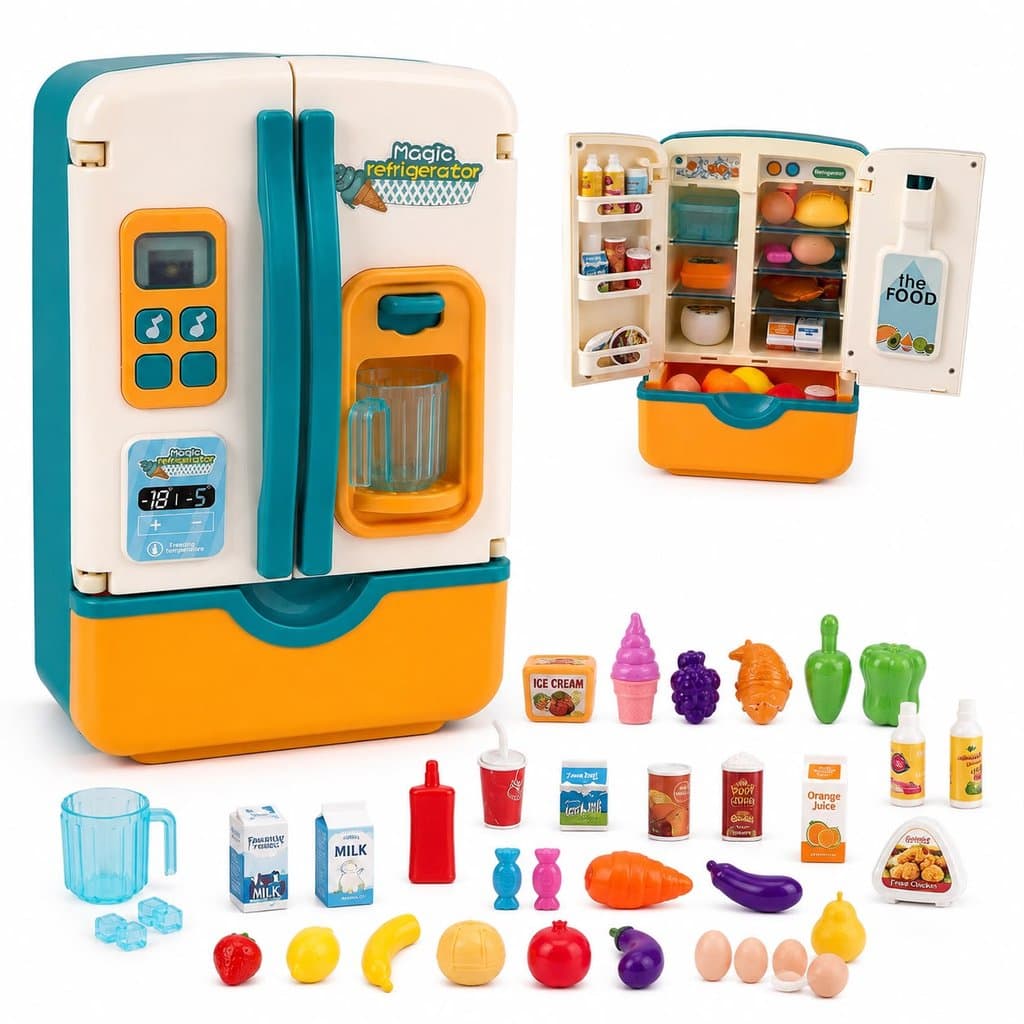 Geladeira Infantil Brinquedo Luz Som Vapor Dispenser de Gelo