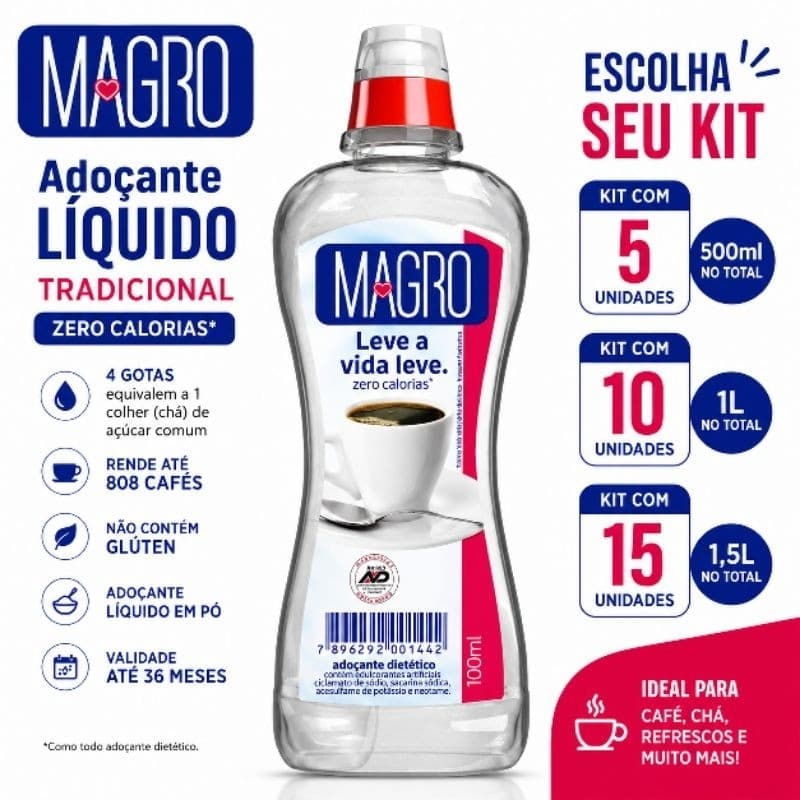 Adoçante Líquido Magro Tradicional 100ml Zero Calorias Kit 5, 10 ou 15 Unidades