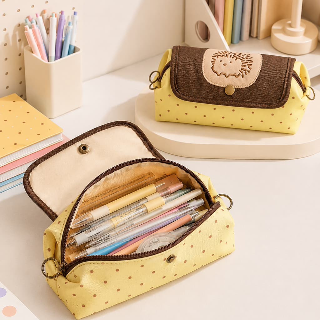 Estojo de lápis ouriço amarelo-marrom em meninas de alto valor Alunos do ensino fundamental Caixa de papelaria dedicada