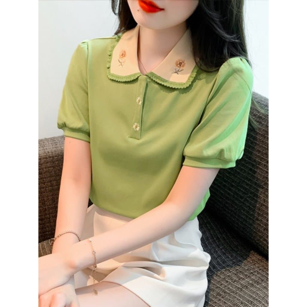 Contraste cor boneca colarinho de manga curta camiseta feminina vestido de verão 2025 verão novo estilo moda redução de
